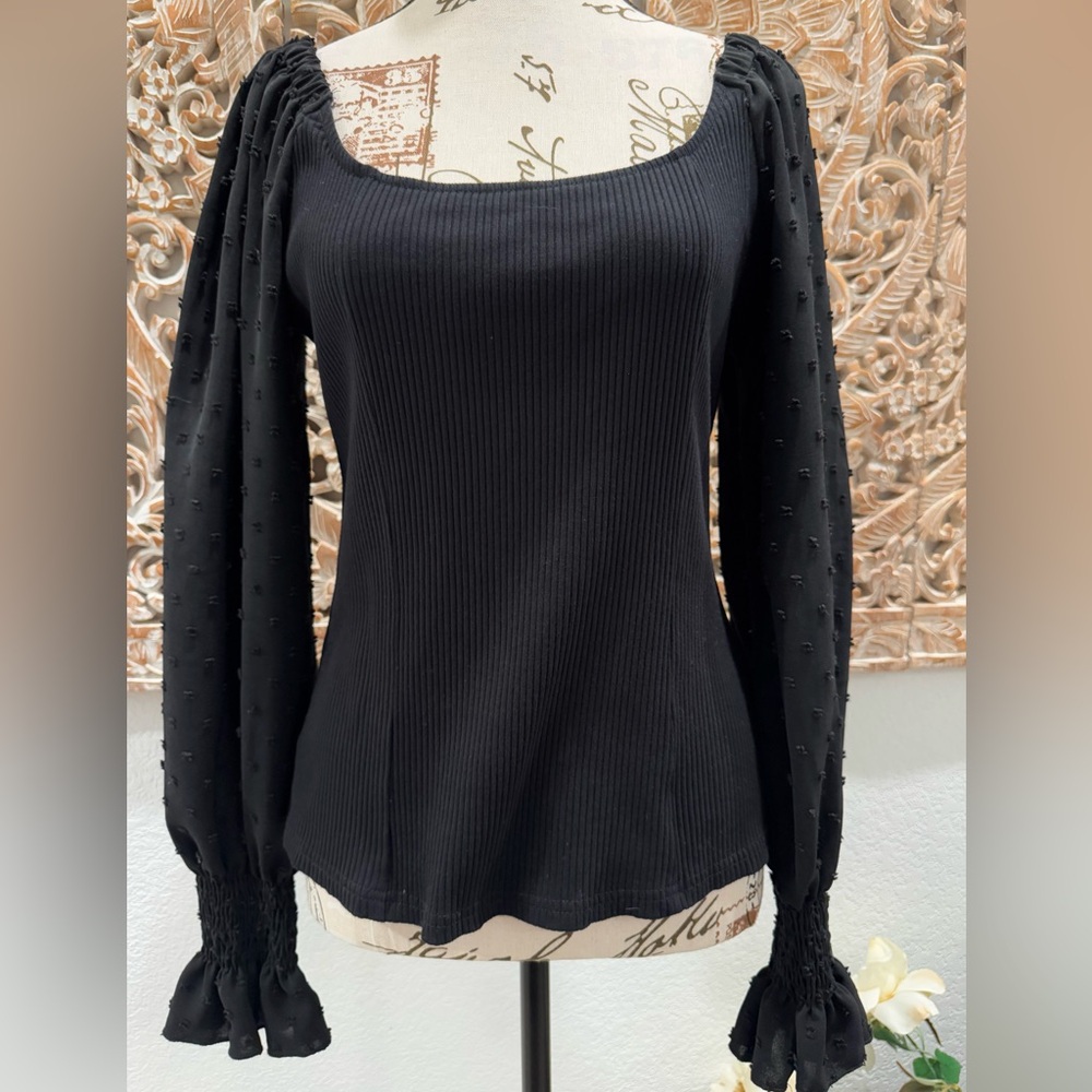 ePretty Chicago at Champagne & Sage Black Knit & Swiss Dot Long Sleeve Shirt- L
